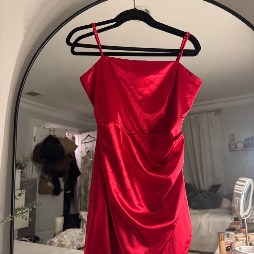 Red Ruched Spaghetti Strap Cocktail Dress